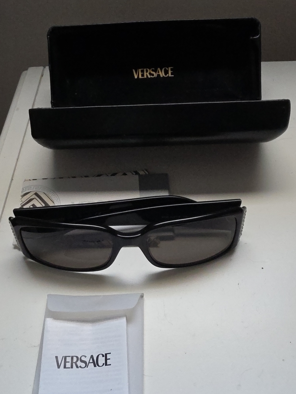 Versace Black Rectangular Sunglasses with Case and Original Cleaning Cloth.